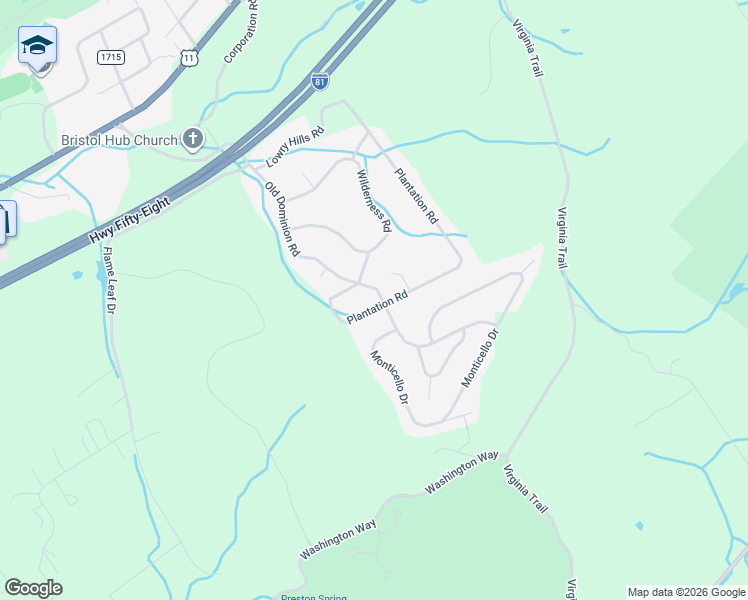 map of restaurants, bars, coffee shops, grocery stores, and more near 21590 Plantation Road in Bristol