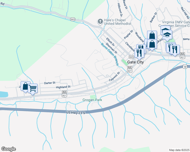 map of restaurants, bars, coffee shops, grocery stores, and more near 119 North Pine Street in Gate City
