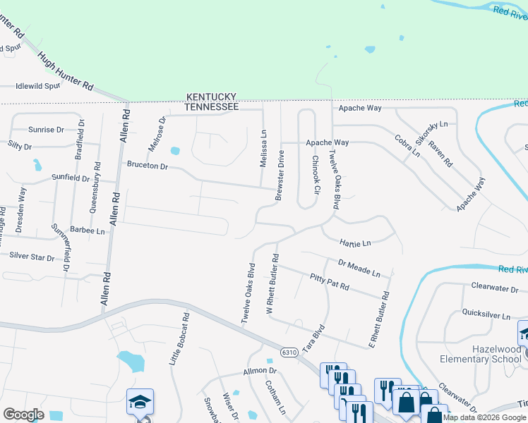 map of restaurants, bars, coffee shops, grocery stores, and more near 2865 Brewster Drive in Clarksville