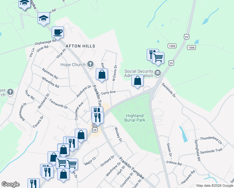 map of restaurants, bars, coffee shops, grocery stores, and more near 301-353 Terry Ave in Danville
