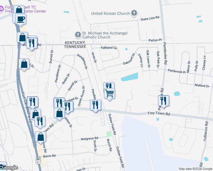map of restaurants, bars, coffee shops, grocery stores, and more near 3449 Arvin Drive in Clarksville
