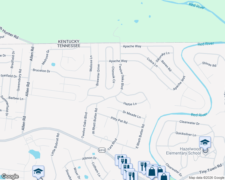 map of restaurants, bars, coffee shops, grocery stores, and more near 1177 Chinook Circle in Clarksville