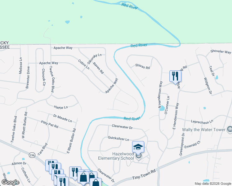 map of restaurants, bars, coffee shops, grocery stores, and more near 3492 Cayuse Way in Clarksville