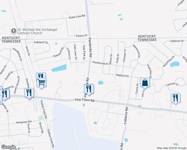 map of restaurants, bars, coffee shops, grocery stores, and more near 3357 Pembroke Road in Clarksville