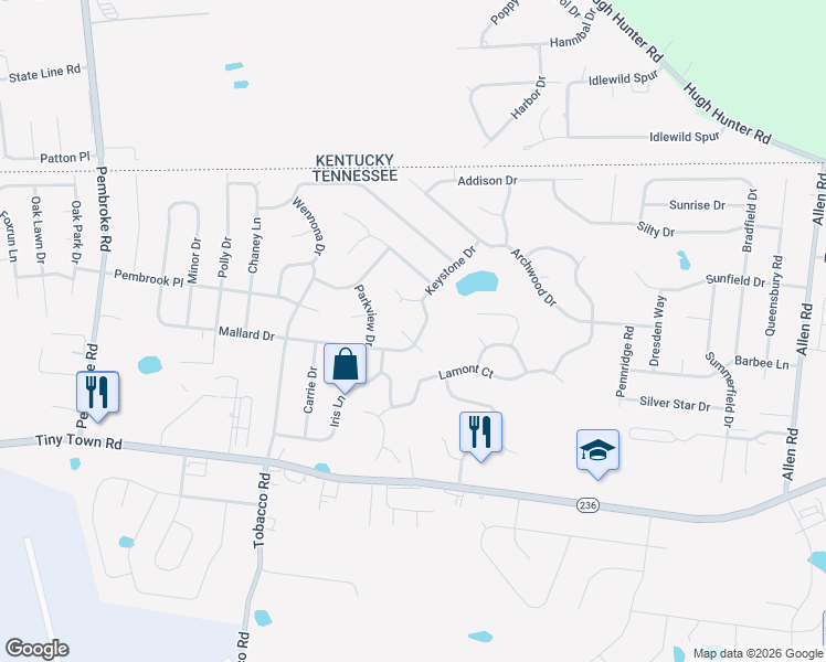 map of restaurants, bars, coffee shops, grocery stores, and more near 807 Mallard Court in Clarksville