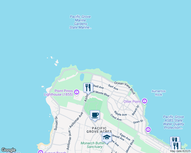 map of restaurants, bars, coffee shops, grocery stores, and more near 1273 Ocean View Boulevard in Pacific Grove