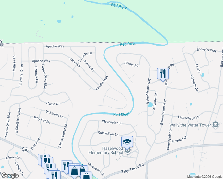 map of restaurants, bars, coffee shops, grocery stores, and more near 3492 Cayuse Way in Clarksville