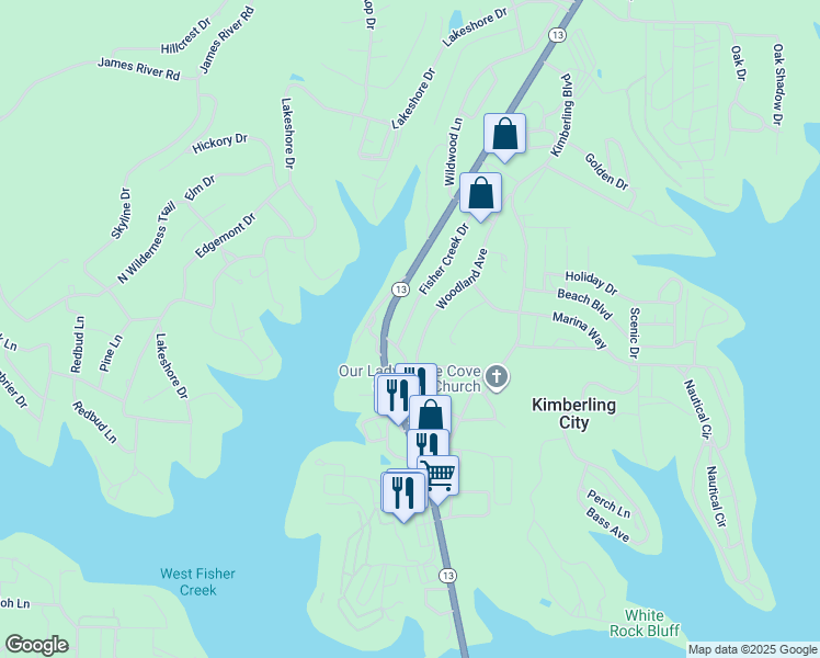map of restaurants, bars, coffee shops, grocery stores, and more near 20 Woodland Avenue in Kimberling City