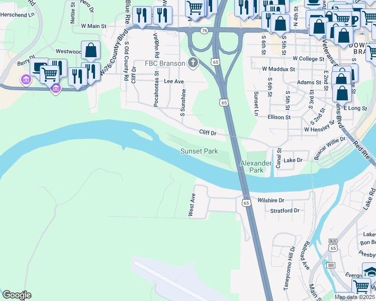 map of restaurants, bars, coffee shops, grocery stores, and more near 820 Sunset Road in Branson