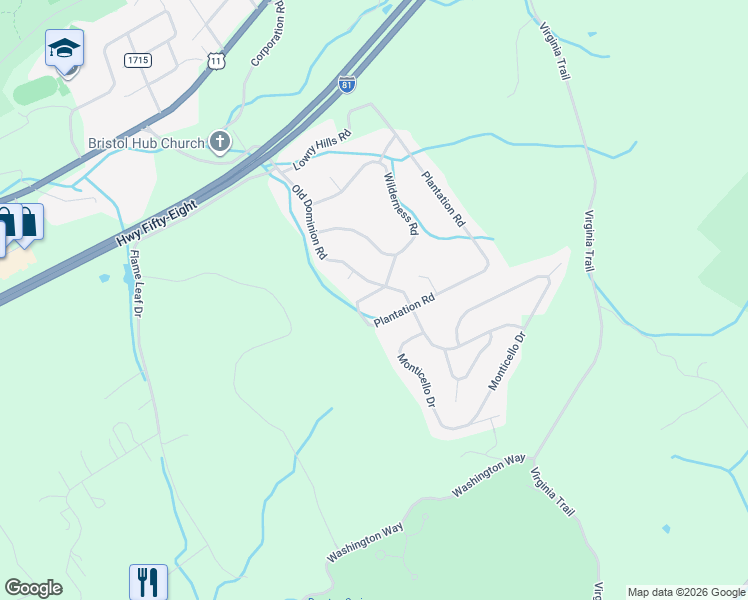 map of restaurants, bars, coffee shops, grocery stores, and more near 21680 Plantation Road in Bristol