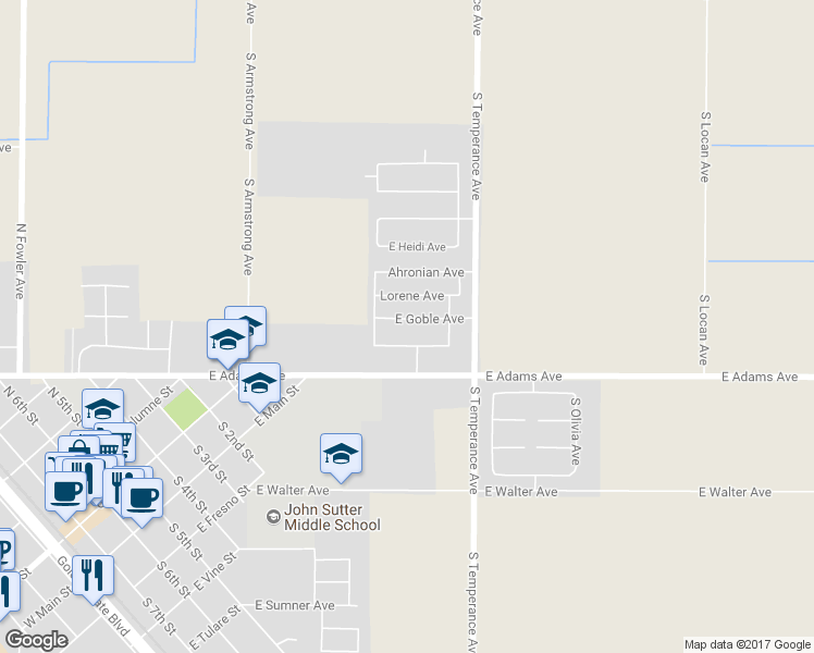 map of restaurants, bars, coffee shops, grocery stores, and more near 995 East Goble Avenue in Fowler