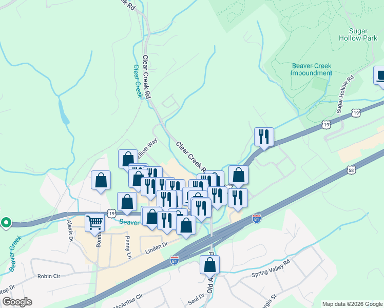 map of restaurants, bars, coffee shops, grocery stores, and more near 21529 Clear Creek Road in Bristol