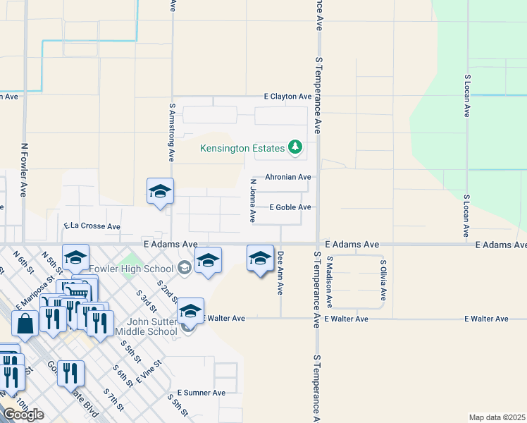 map of restaurants, bars, coffee shops, grocery stores, and more near 995 East Goble Avenue in Fowler