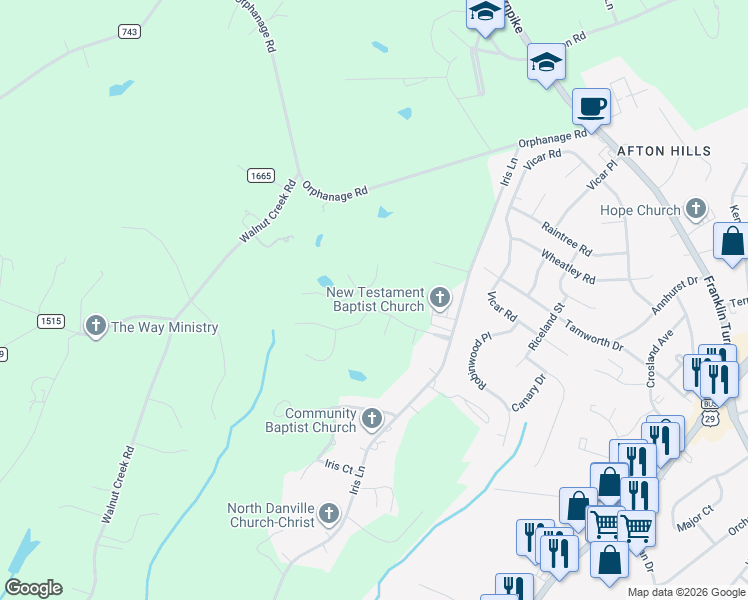 map of restaurants, bars, coffee shops, grocery stores, and more near 188 Cross Creek Ln in Danville