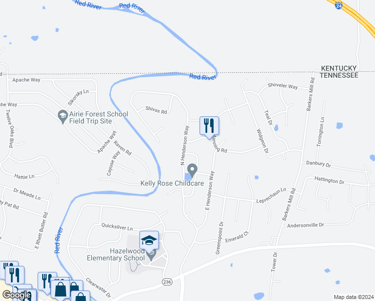 map of restaurants, bars, coffee shops, grocery stores, and more near 3447 O'Conner Lane in Clarksville
