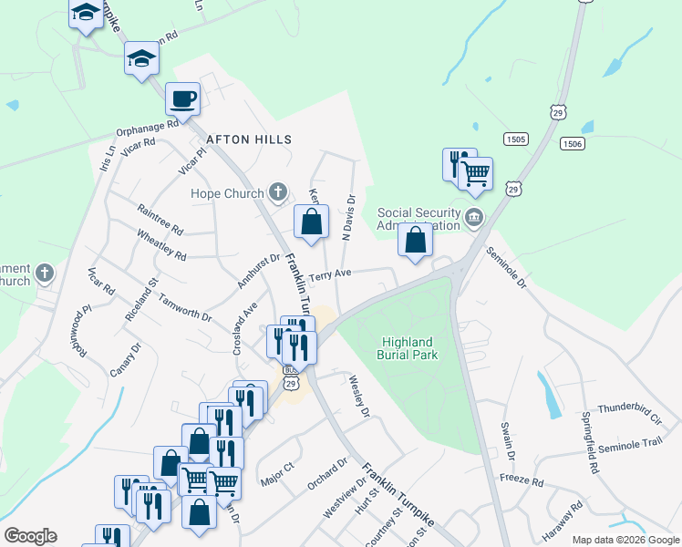 map of restaurants, bars, coffee shops, grocery stores, and more near 353 Terry Avenue in Danville