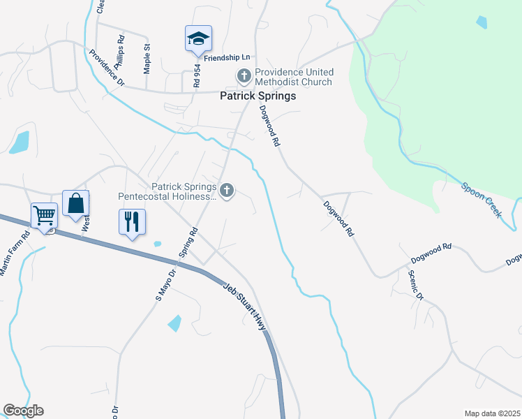 map of restaurants, bars, coffee shops, grocery stores, and more near 372 Spring Road in Patrick Springs