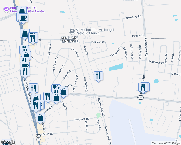 map of restaurants, bars, coffee shops, grocery stores, and more near 2223 Pendleton Drive in Clarksville
