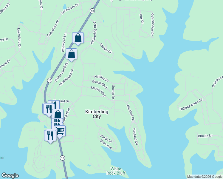 map of restaurants, bars, coffee shops, grocery stores, and more near 1-95 Cardinal Lane in Kimberling City