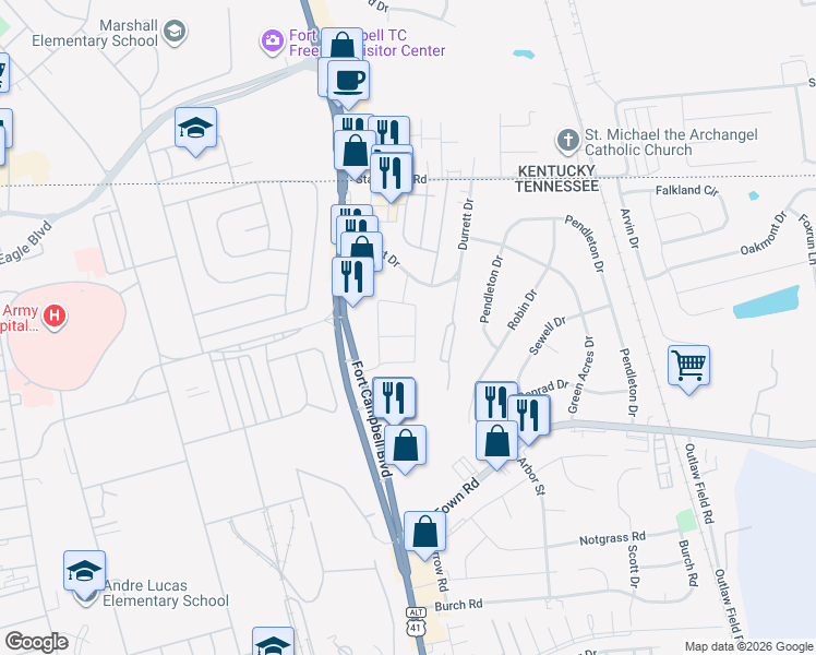 map of restaurants, bars, coffee shops, grocery stores, and more near 3193 Fort Campbell Boulevard in Clarksville