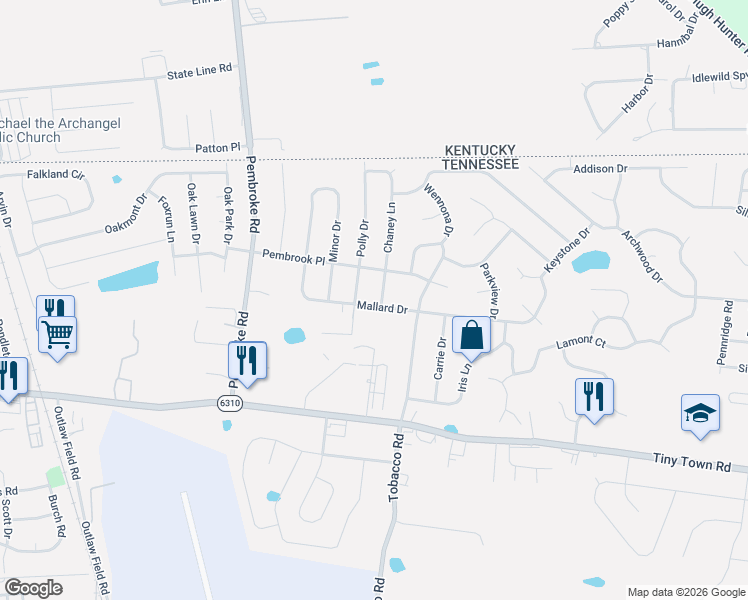 map of restaurants, bars, coffee shops, grocery stores, and more near 3387 Polly Drive in Clarksville
