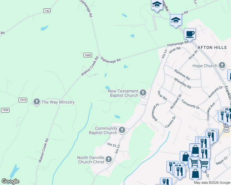 map of restaurants, bars, coffee shops, grocery stores, and more near 188 Cross Creek Ln in Danville