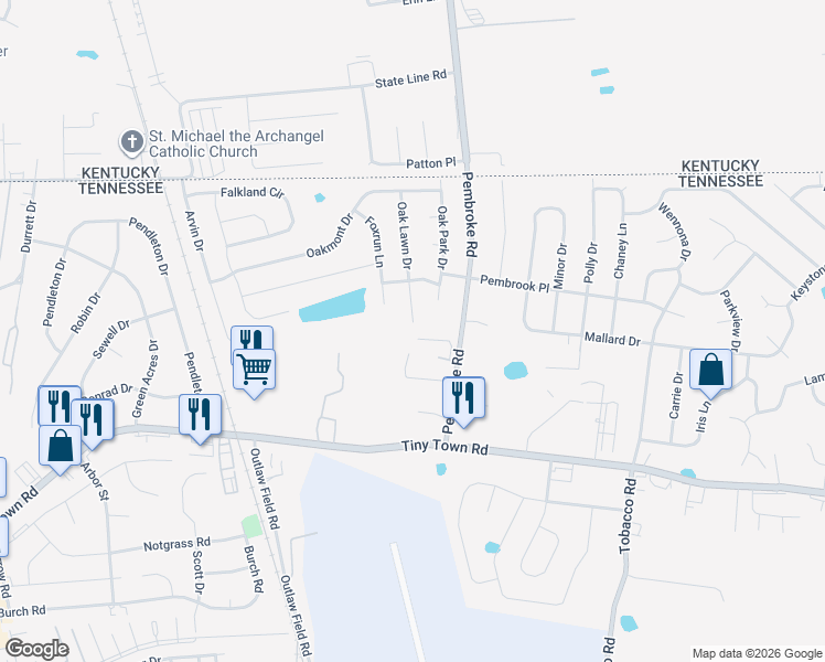 map of restaurants, bars, coffee shops, grocery stores, and more near 3400 Oak Lawn Drive in Clarksville