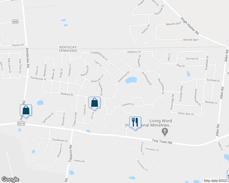 map of restaurants, bars, coffee shops, grocery stores, and more near 3313 Mallard Drive in Clarksville