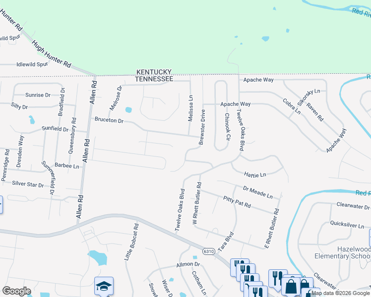 map of restaurants, bars, coffee shops, grocery stores, and more near 2865 Brewster Drive in Clarksville