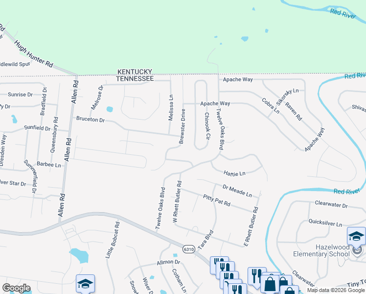 map of restaurants, bars, coffee shops, grocery stores, and more near 2885 Brewster Drive in Clarksville