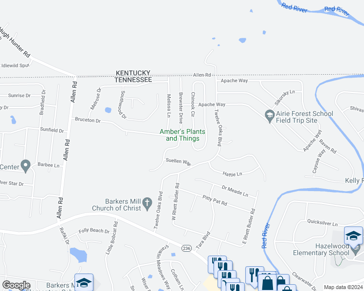 map of restaurants, bars, coffee shops, grocery stores, and more near 2889 Brewster Drive in Clarksville