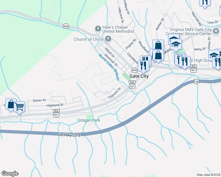 map of restaurants, bars, coffee shops, grocery stores, and more near 110-114 McConnell Street in Gate City