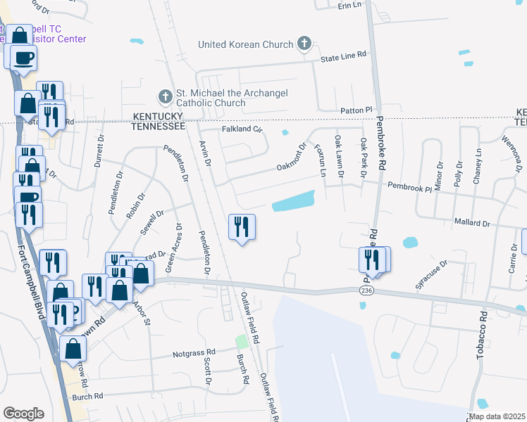 map of restaurants, bars, coffee shops, grocery stores, and more near 3416 Fox Meadow Way in Clarksville