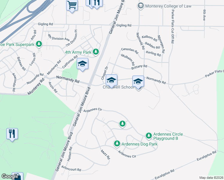 map of restaurants, bars, coffee shops, grocery stores, and more near 300 Normandy Road in Seaside