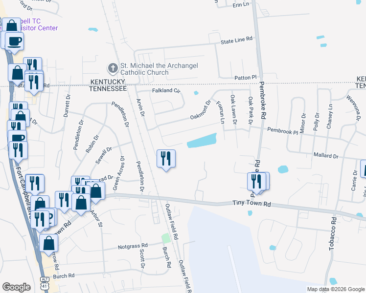 map of restaurants, bars, coffee shops, grocery stores, and more near 3416 Fox Meadow Way in Clarksville