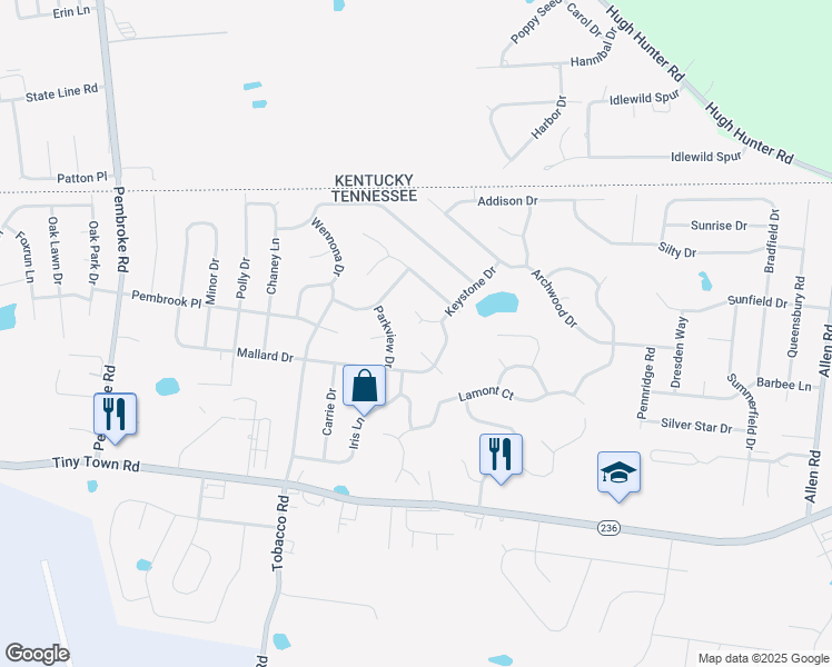 map of restaurants, bars, coffee shops, grocery stores, and more near 1203 Parkview Drive in Clarksville