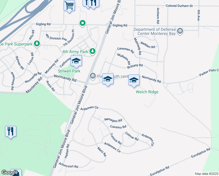 map of restaurants, bars, coffee shops, grocery stores, and more near 300 Normandy Road in Seaside