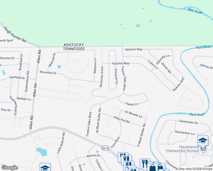 map of restaurants, bars, coffee shops, grocery stores, and more near 2885 Brewster Drive in Clarksville