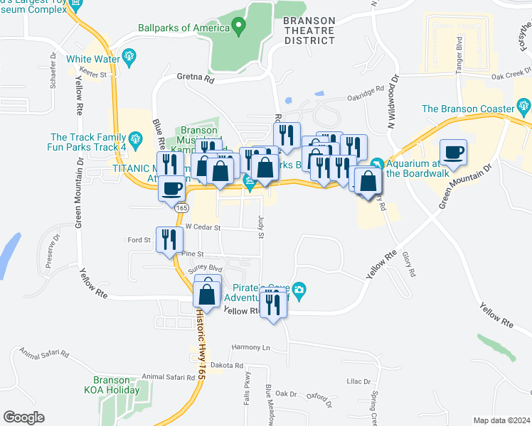 map of restaurants, bars, coffee shops, grocery stores, and more near 206 Judy Street in Branson