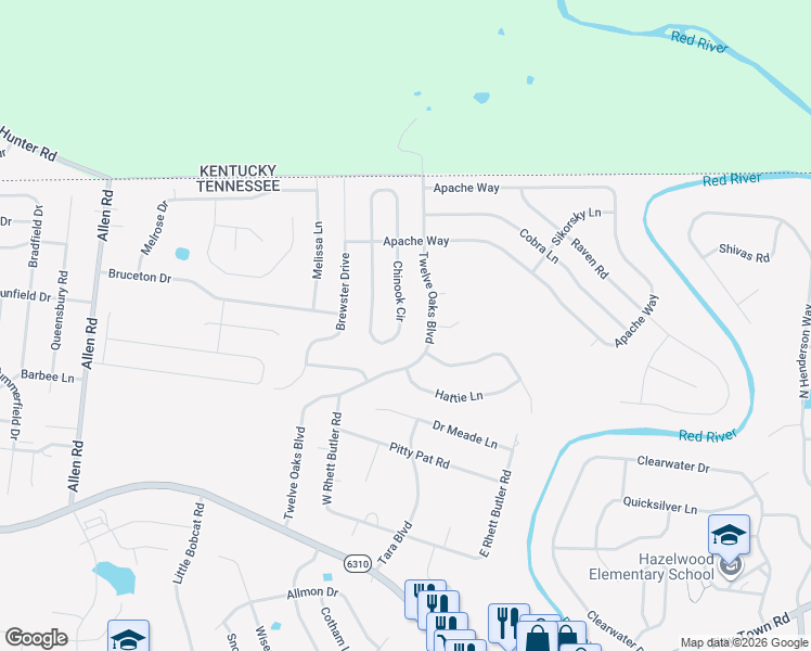map of restaurants, bars, coffee shops, grocery stores, and more near 1177 Chinook Circle in Clarksville