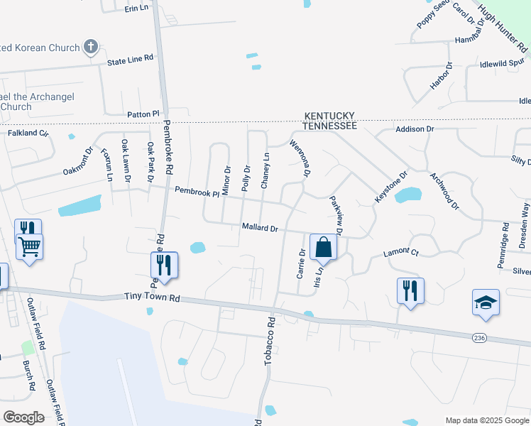map of restaurants, bars, coffee shops, grocery stores, and more near 3393 Chaney Lane in Clarksville