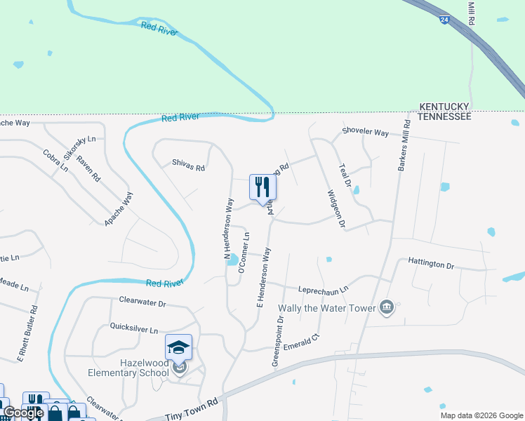 map of restaurants, bars, coffee shops, grocery stores, and more near 2603 Limerick Lane in Clarksville