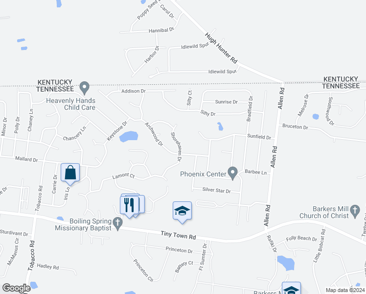 map of restaurants, bars, coffee shops, grocery stores, and more near 1215 Shorehaven Drive in Clarksville