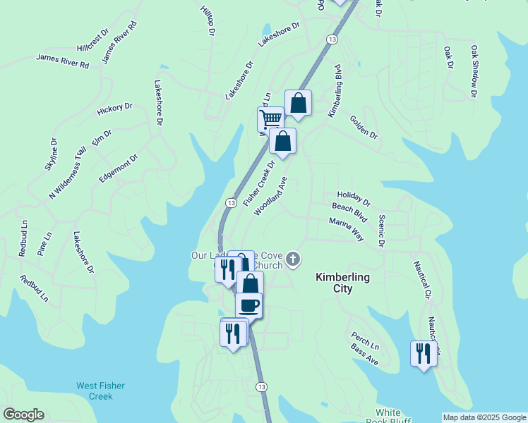 map of restaurants, bars, coffee shops, grocery stores, and more near 20 Woodland Avenue in Kimberling City