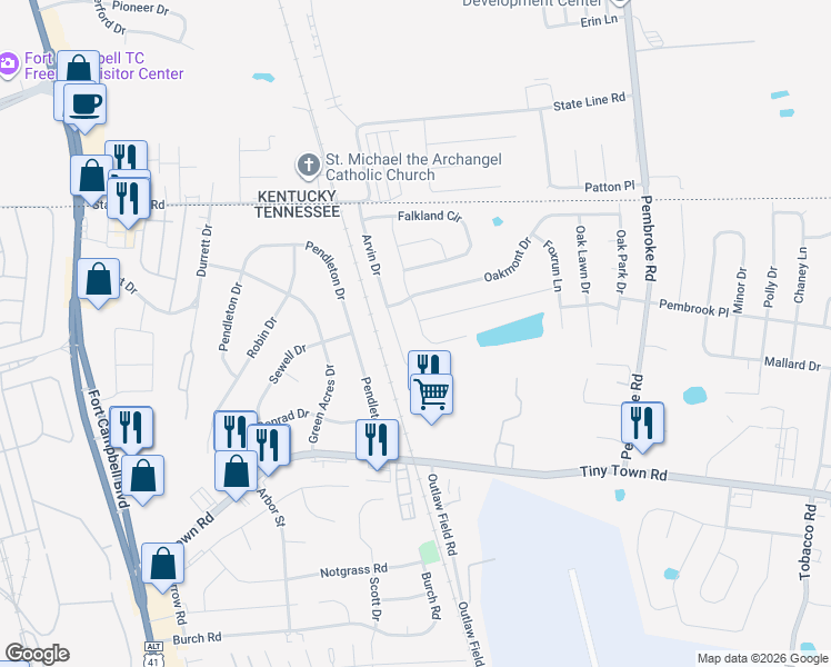 map of restaurants, bars, coffee shops, grocery stores, and more near 501 Fox Trot Drive in Clarksville