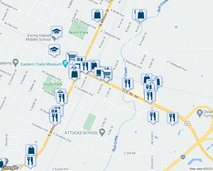 map of restaurants, bars, coffee shops, grocery stores, and more near 411 East Illinois Avenue in Vinita