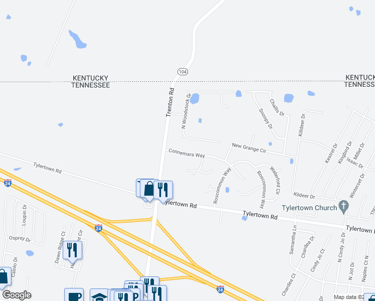 map of restaurants, bars, coffee shops, grocery stores, and more near 1181 Connemara Way in Clarksville