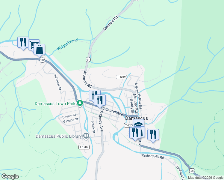 map of restaurants, bars, coffee shops, grocery stores, and more near 631 Cemetery Ridge Road in Damascus