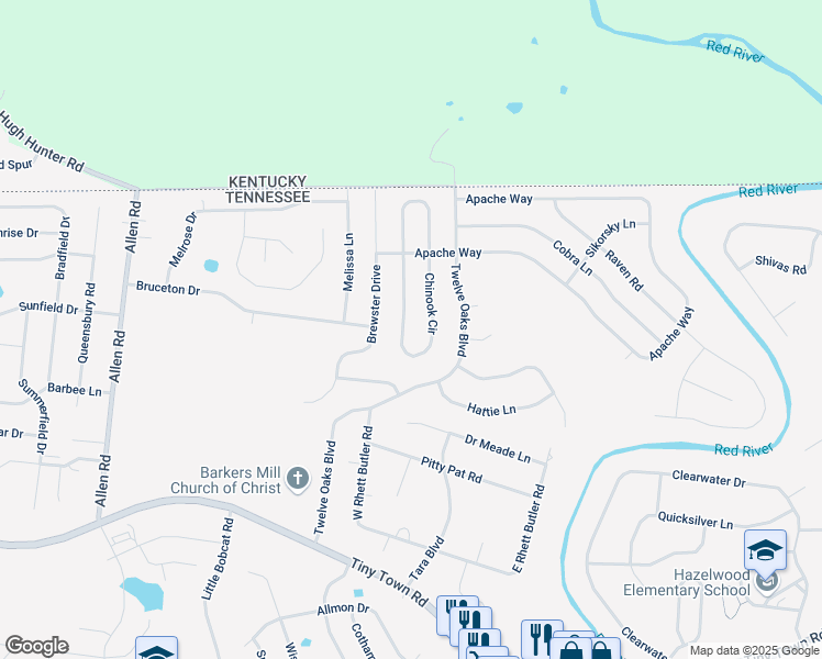 map of restaurants, bars, coffee shops, grocery stores, and more near 1140 Chinook Circle in Clarksville