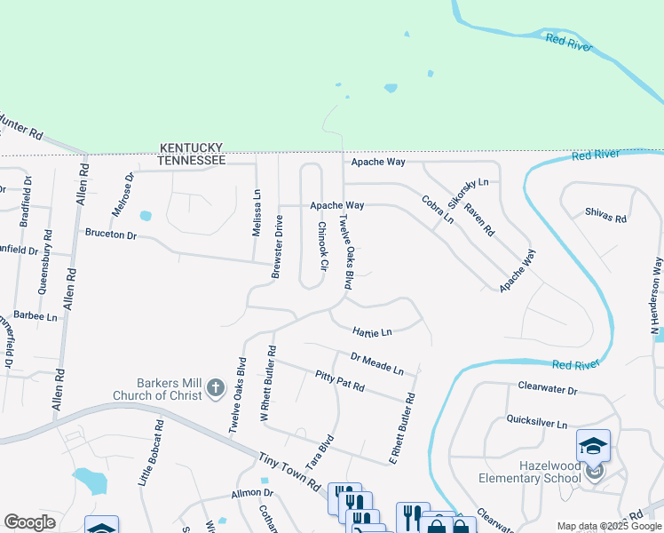 map of restaurants, bars, coffee shops, grocery stores, and more near 1140 Chinook Circle in Clarksville